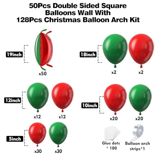 Christmas Red & Green Square Foil Balloons Kit - 50pcs + Balloon Garland Set | HKYOOD