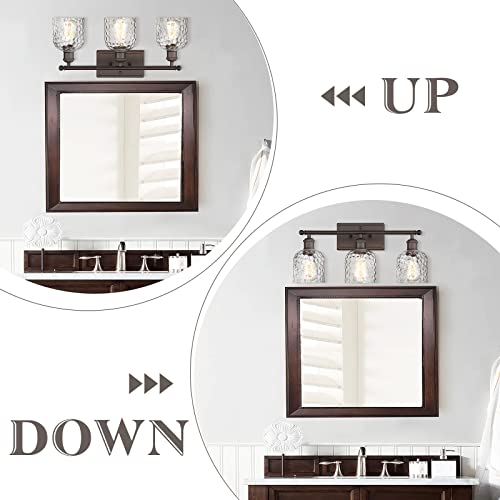 Farmhouse Vanity Light Fixture - 3-Light Oil Rubbed Bronze with Hammered Glass Shades, 21-inch Bathroom Wall Sconce - Up/Down Mounting