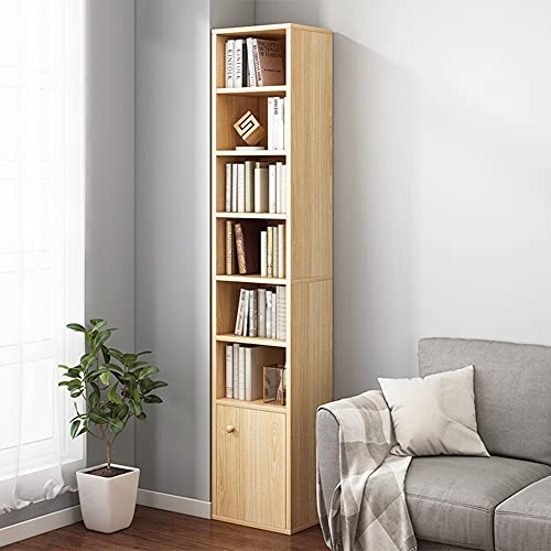 IOTXY Narrow Corner Bookcase with Door - Oak 71" Tall Storage Cabinet