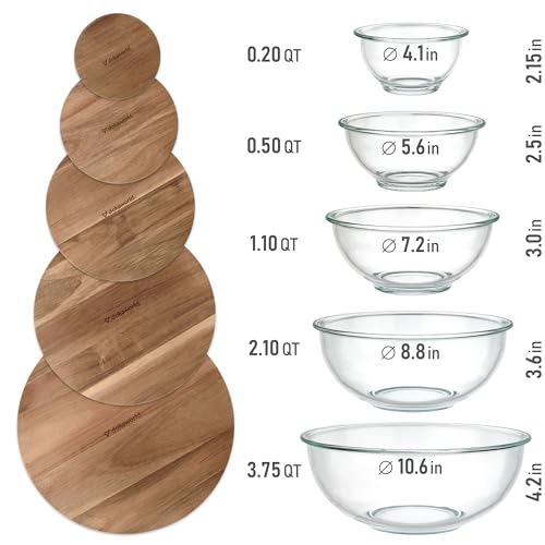 Dokaworld Dark Walnut Stackable Glass Mixing Bowls Set with Acacia Lids - 5 Sizes