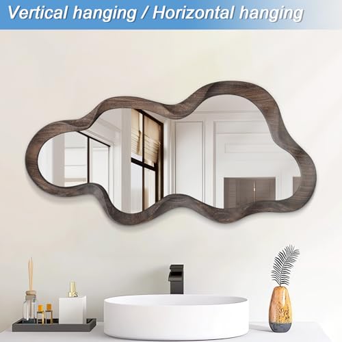 Asymmetrical Cloud Wall Mirror - 47" x 22" Vintage Brown Wood Frame