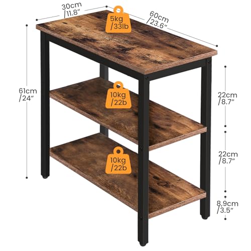 End Table with 3-Tier Storage Shelf - Rustic Brown & Black Narrow Nightstand, Small Space Side Table