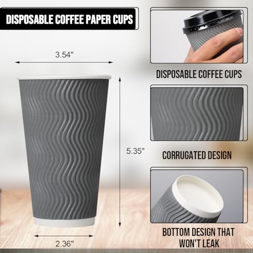 16oz Disposable Coffee Cups with Lids - 100 Pack, Heat-Insulated Paper Cups