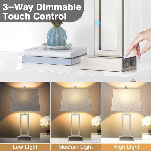 23.5-Inch Silver Touch Control Table Lamps Set of 2 with USB & Power Outlet