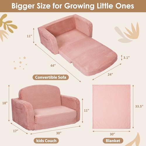 Pink 2-in-1 Convertible Toddler Kids Sofa Chair with Blanket - Foryoomi