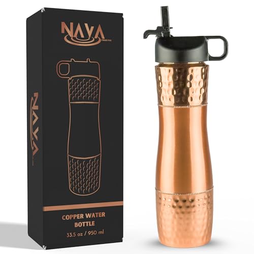 Copper Water Bottle with Straw & Sports Lid - Black Lid, 33.5oz / 950ml