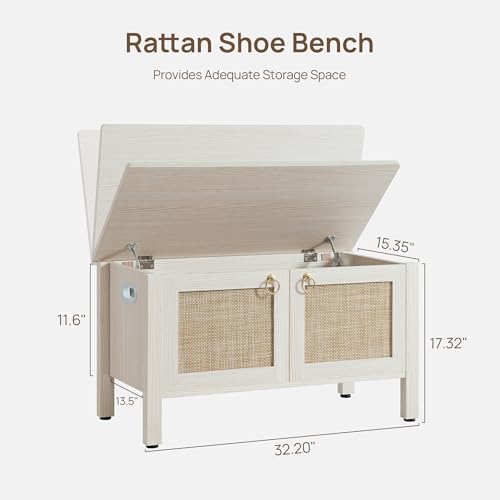 SICOTAS Rattan Storage Bench Boho Chest with Safety Hinges - White Cream Oak, 32.2" Wide