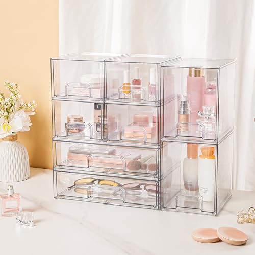 Vtopmart Stackable Plastic Storage Drawers Set of 8 with 4 Small, 2 High, 2 Wide Bins