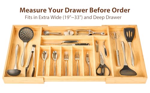 Umilife Expandable Extra Large Kitchen Silverware Drawer Organizer - Adjustable Bamboo, Fits 19-33 Inches