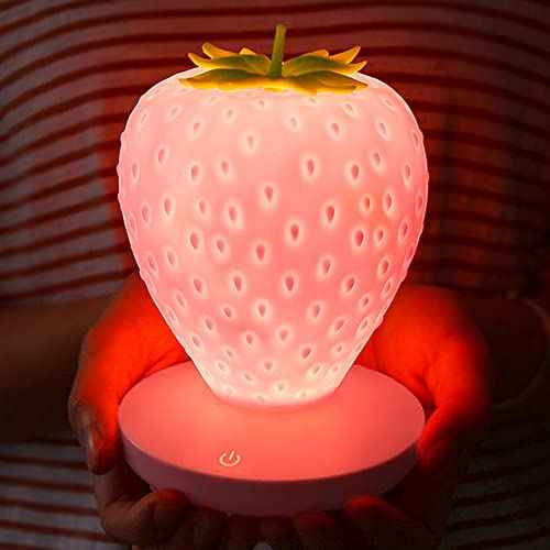 Strawberry Night Light, Cute Silicone Strawberry Lights Kawaii Room Decor, USB Rechargeable Bedside Lamp 3 Gear Touch Lighting, Cute Strawberry Gifts for Baby, Children, Toddlers, Teen Girls