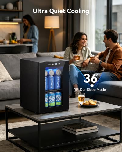 24 Can Beverage Refrigerator - 0.6 Cu.Ft Countertop Mini Fridge with Glass Door, Black