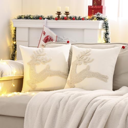 Tosleo Beige Christmas Reindeer Throw Pillow Covers 18x18 Set of 2 - Holiday Decor