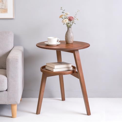 VELOHEIM Brown 2-Tier Round Bamboo Mid-Century End Table - Rustic Modern Side Table