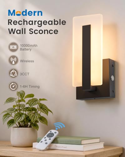 NIORSUN Black 10.2 Inch Rechargeable Wireless Wall Sconces Set of 2 with Remote, Dimmable 3-Color Temp, 10000mAh Battery for Living Room & Bedroom