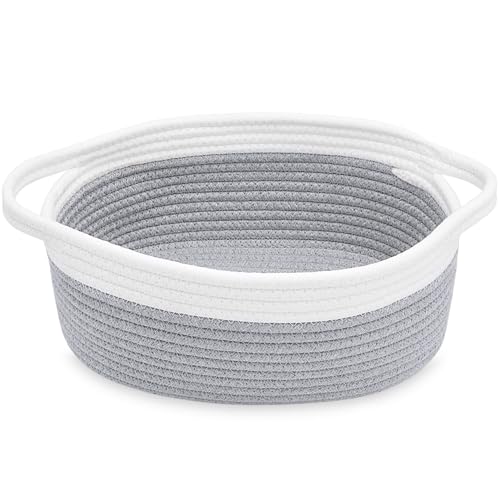 ABenkle 1 Pack Small Rope Storage Basket with Handles, Grey, 12x8x5 Inches - Boho Pet Toy & Organizer Bin for Nursery, Home, Gifts