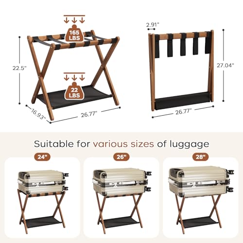 Walnut Luggage Rack Set of 2 - Foldable Suitcase Stand with Storage Shelf