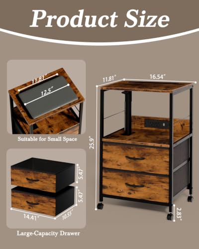 Faesun Nightstand with Charging Station & Swivel Top, 2 Drawers, Brown