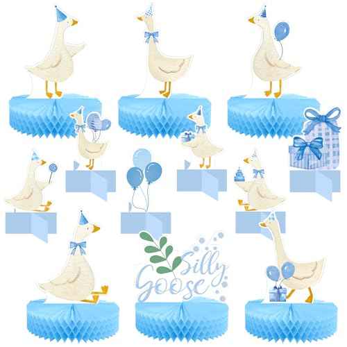 Lincia 12 Pcs Silly Goose Birthday Party Decorations Birthday Honeycomb Centerpieces Silly Goose Cake Balloon Topper for Bow Duck Party Supplies(Blue)