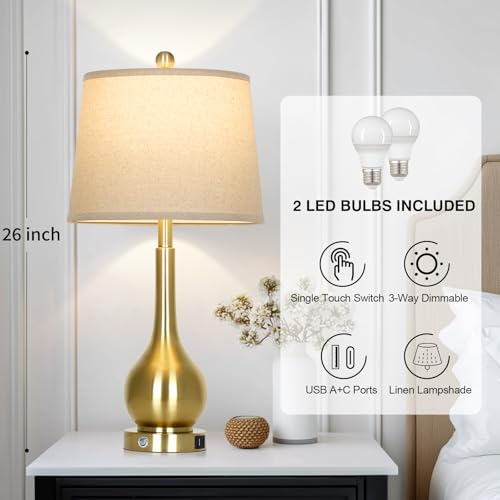 Gold 26-inch Table Lamps Set of 2 with Touch Control & USB Ports - Modern Bedside Lighting - Variation: Gold - 26H