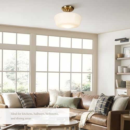 12-Inch Brass Schoolhouse Semi Flush Mount Ceiling Light with Opal Milk Glass Shade - Medium Variation