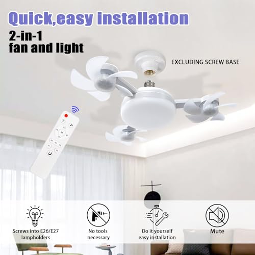 E26/E27 Socket Ceiling Fan with Remote, Dimmable LED Light and 3 Mini Fans