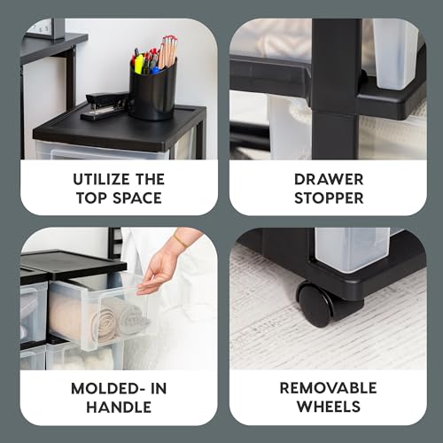 IRIS USA 3-Drawer Slim Storage Cart Set - Black & Clear, Pack of 2