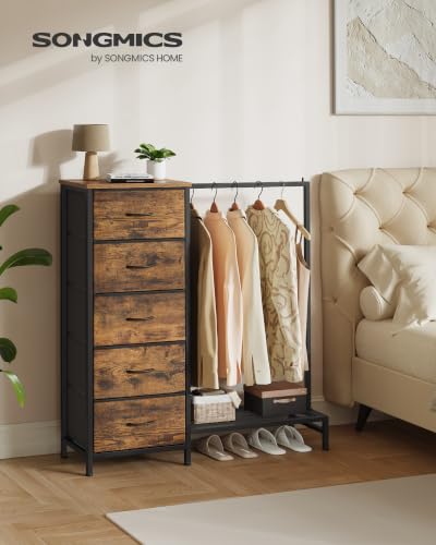 SONGMICS Rustic Brown Dresser with Hanging Rod, 5 Fabric Drawers, Bottom Shelf - 3-in-1 Closet Organizer