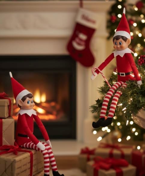 Lolli Lookout™ Christmas Elf Pair - Classic Plush Figurines | 14-Inch Red Holiday Shelf Sitters for Mantel Decor
