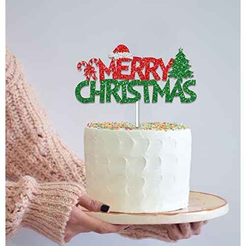 JOZON 37 Pack Gold Red Green Merry Christmas Cake Topper and Cupcake Toppers Set Glittery Xmas Holiday Cupcake Picks Christmas Party Cake Supplies Decoration