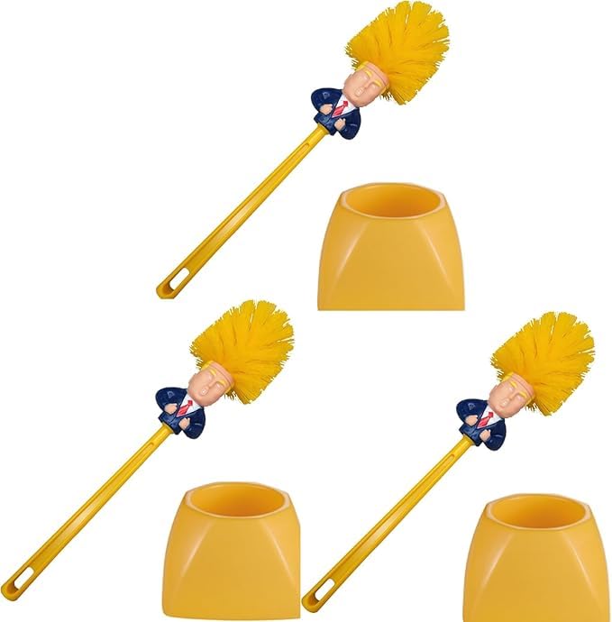 3-Piece Trump Toilet Brush Set with Holder, Funny Political Bathroom Accessory