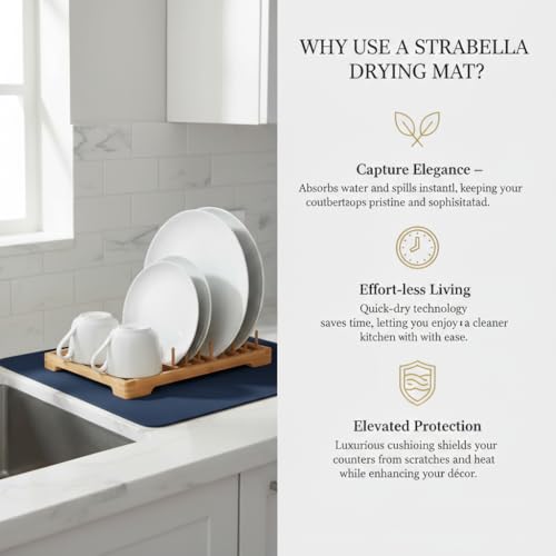 STRABELLA Dish Drying Mat Super Absorbent – 16" x 18" Coffee Mat for Countertops – Non-Slip Drying Mat for Kitchen Counter – Easy to Clean Water Absorbent Mat – Large Dish Drying Mats (Navy Blue)