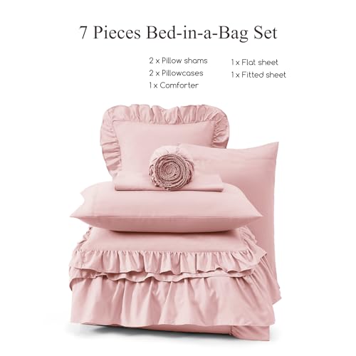 King Size Pink Ruffle Comforter Set - Farmhouse Bed in a Bag, 7 Pieces - Soft & Cozy, Elegant Bedding with Pillowcases - Variation: Soft Pink / King
