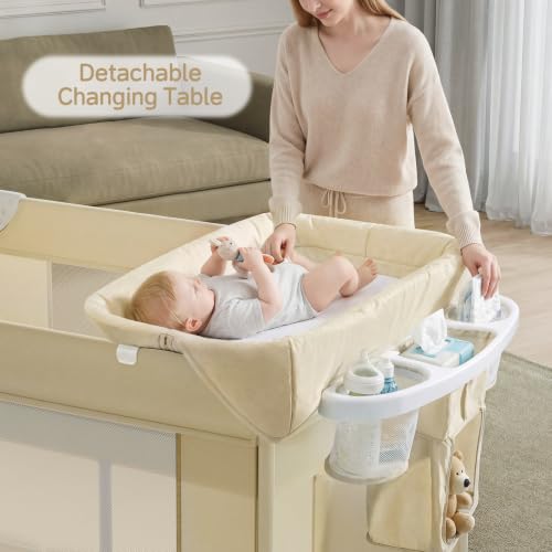 Wnttmt 4-in-1 Baby Bassinet & Bedside Sleeper with Diaper Changer - Beige