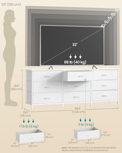 Dresser with 9 Fabric Drawers and TV Stand for Up to 70 Inch TVs - Cloud White, 13.8"D x 68.4"W x 26.8"H