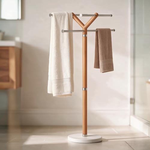 Freestanding Wooden & Stainless Steel Pool Towel Rack - Modern Design, Stable Base, Versatile Placement — Wooden Towel Rack Stainless Steel