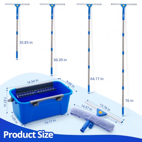 Professional Window Cleaning Kit with 76-Inch Extension Pole, Squeegee & Buckets