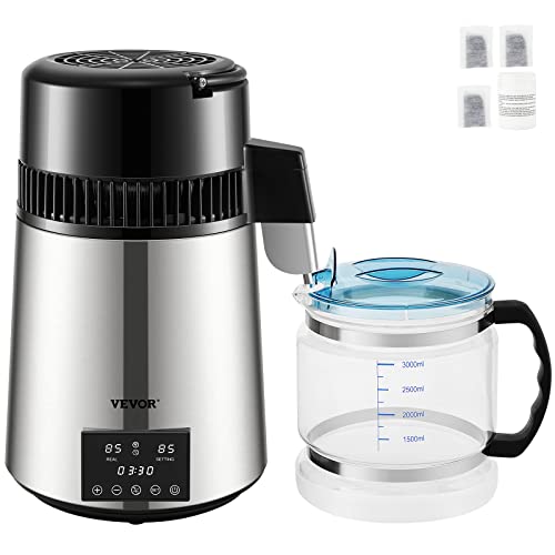 Water Distiller with Timing & Dual Temperature Display - 304 Stainless Steel, 0.3 Gal/H, 1.1 Gal Capacity, Glass Carafe, 3 Carbon Bags