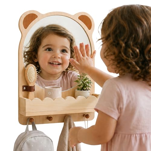 Montessori Toddler Wall Mirror with Hooks & Shelf - Child Safe Nursery Mirror