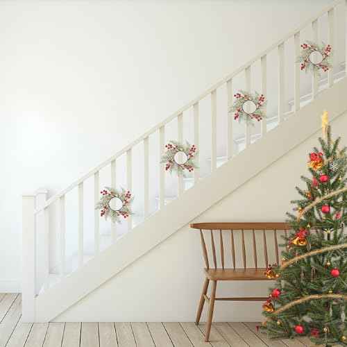 4PCS Christmas Candle Rings Wreaths, Christmas Candle Holder Pillar Candle Ring Artificial Berry Pine Branch Candlestick Garland for Table Decoration