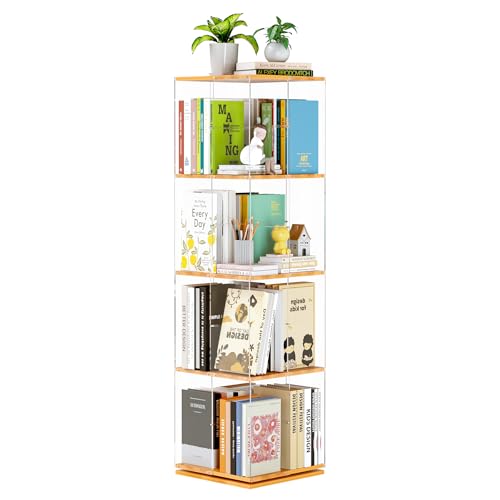 Rotating Bookshelf 4-Tier Spinning Bookcase - Natural Square Acrylic & Wood