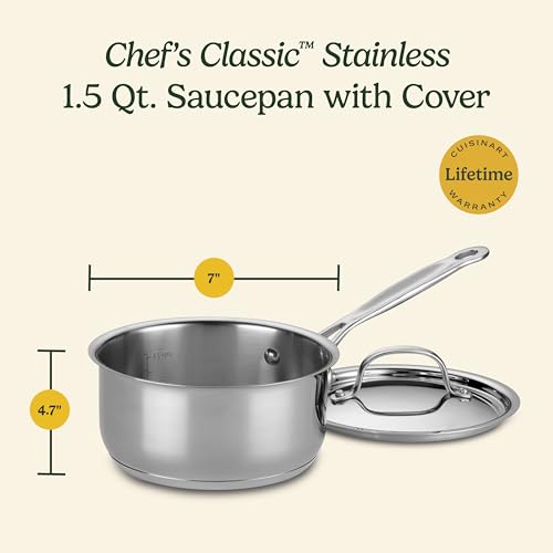 Cuisinart 1.5 Quart Sauce Pan with Cover, Stainless Steel Pot with Lid, Small Kitchen Pots, Dishwasher Safe, Compatible with Induction, Electric, Gas Cooktops, Oven Safe Saucepan, Cool Grip Handles