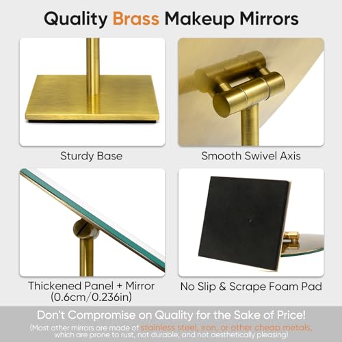GURUN Antique Satin Brass Large Oval 7x12 Inch Tabletop Vanity Mirror with Stand