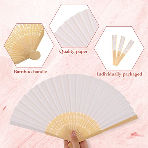 Yinkin 100 Pack Folding Hand Fans Bamboo for Party Favors, White