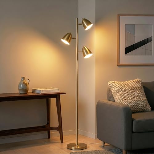 Brightech Jacob LED Floor Lamp - Adjustable 3-Light Tree in Brass Finish
