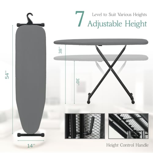 Full Size Ironing Board 54x14 Inches with Adjustable Height & Heat-Reflective Padding - Gray, Space-Saving Design
