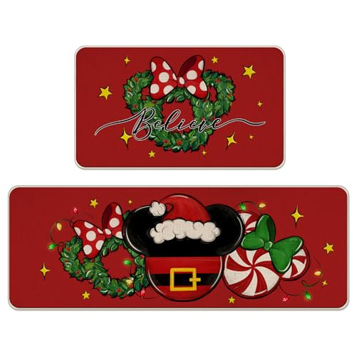 Tailus Christmas Believe Santa Red Kitchen Rugs Set of 2, Red Mouse