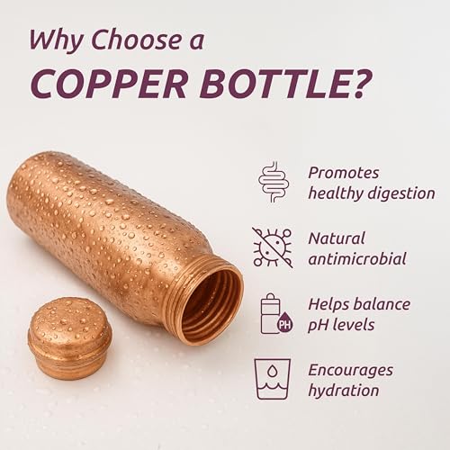 Hammered Copper Water Bottle 34 OZ - Pure, Ayurvedic, Leak-Proof, On-the-Go