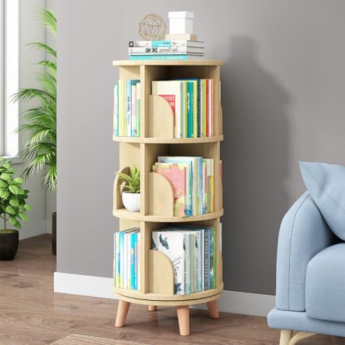 Gdrasuya10 3-Tier Rotating Wooden Bookshelf with Legs, Space-Saving Round Display Shelf