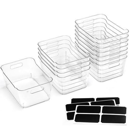 Large Clear Plastic Storage Bins Set of 12 with Labels - Multi-Use Organizers for Kitchen, Pantry, Bathroom, Office, RV