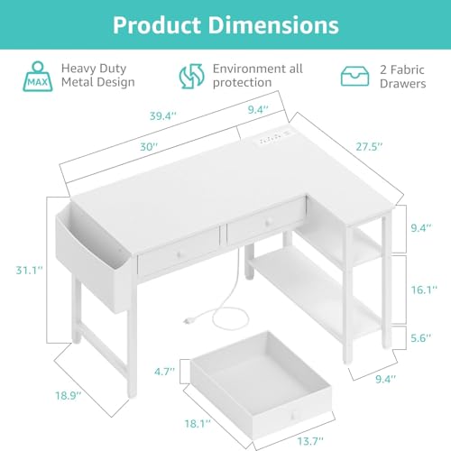 DLisiting White 39.4 Inch L Shaped Corner Desk with Drawers & Shelves - Small Home Office